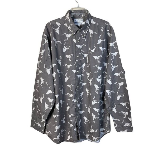 Columbia Hunting Lodge Mens Sz Large Button Down Shirt Overall Deer Print Brown - Picture 1 of 10